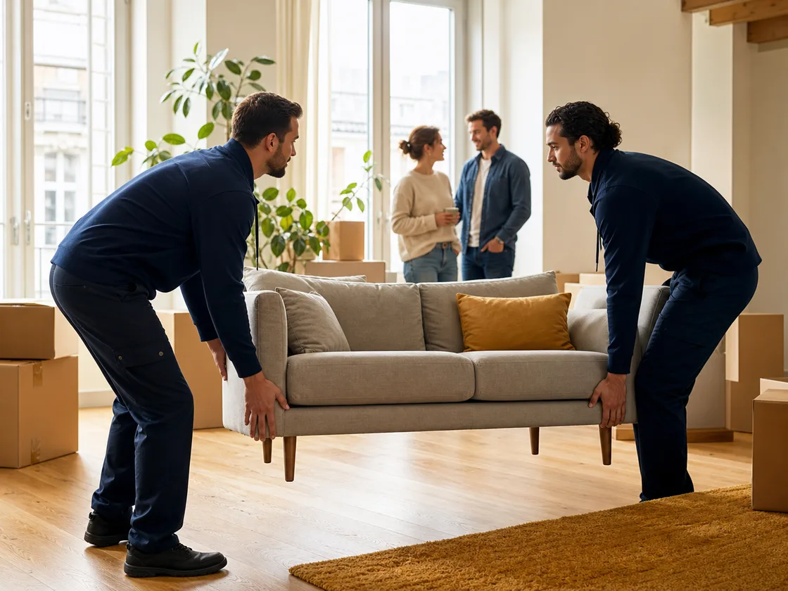 Couple portant un carton de déménagement dans son nouvel appartement