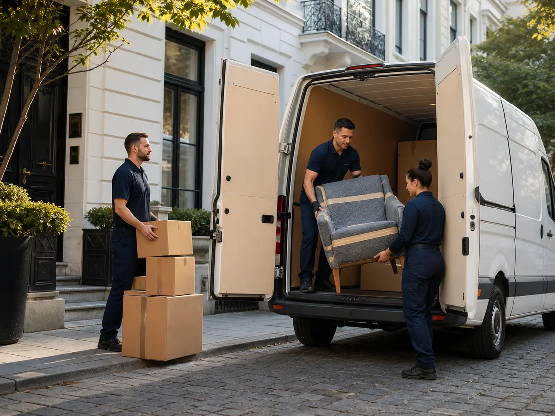 Déménageur chargeant meubles et cartons à l’arrière d’un camion de déménagement, dans une rue