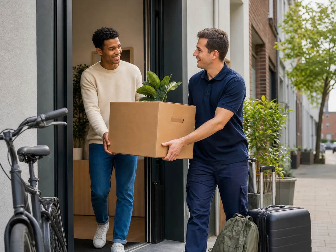 Étudiants transportant cartons et valises devant leur nouveau logement